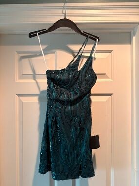Lulu's Teal Sequin One-Shoulder Mini Dress